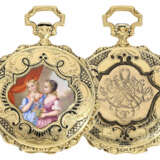 Taschenuhr: wunderschöne, kleine Gold/Emaille-Savonnette mit hervorragender Lupenmalerei, Robert Melly & Co. Geneve No.9795, ca.1830 - Foto 1