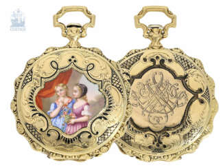 Taschenuhr: wunderschöne, kleine Gold/Emaille-Savonnette mit hervorragender Lupenmalerei, Robert Melly & Co. Geneve No.9795, ca.1830