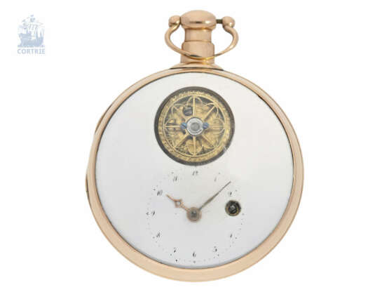 Taschenuhr: seltene, goldene Spindeluhr mit sichtbarer Unruh und dezentraler Zeitanzeige, ca. 1800 - photo 1