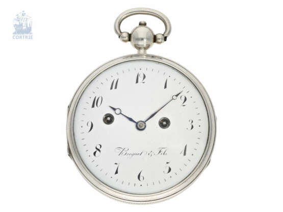 Taschenuhr: besonders große, schwere und hochfeine französische Clockwatch mit außergewöhnlichem Selbstschlag der Stunden und Viertelstunden sowie Stunden-Repetition, signiert Breguet & Fils No.1823, ca.1810 - Foto 1