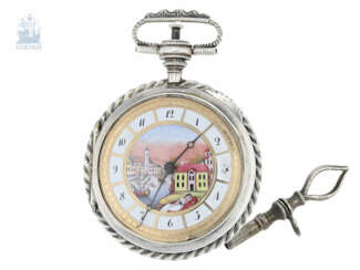 Taschenuhr: Rarität, prächtige, große, vermutlich Salzburger Taschenuhr mit äußerst seltenem Kaliber mit "freier" Zylinderhemmung nach Breguet, mit Repetition und hochfeiner Emaille-Lupenmalerei, ca.1816