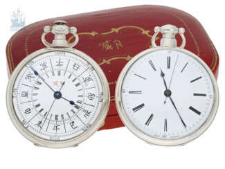 Taschenuhr: Ensemble zweier sehr seltener Uhren für den chinesischen Markt, Juvet & Bovet mit Originalbox und Originalschlüssel, ca.1870