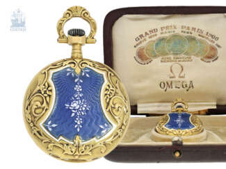 Taschenuhr: einzigartige Gold/Emaille-Jugendstil-Taschenuhr von Omega mit Originalbox, ca. 1910