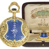 Taschenuhr: einzigartige Gold/Emaille-Jugendstil-Taschenuhr von Omega mit Originalbox, ca. 1910 - Foto 1