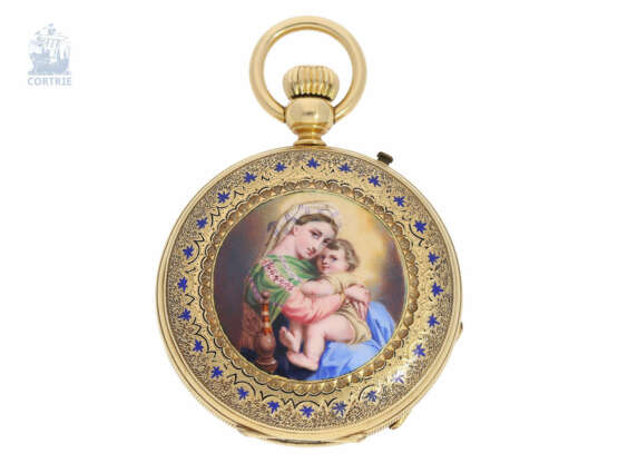 Taschenuhr: frühe Gold/Emaille-Savonnette mit feinster Lupenmalerei nach dem Gemälde "MADONNA DELLA SEDIA", Huguenin No.49717, ca. 1865 - Foto 1