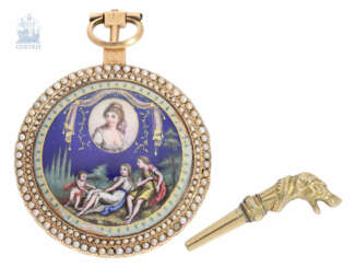 Taschenuhr: hochfeine, exquisite flache deutsche Gold/Emaille-Taschenuhr mit seltener Kommahemmung und besonders aufwändigem Perlenbesatz, Roman Melly & Roux à Constance, No. 8345, ca. 1810