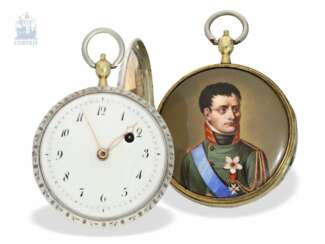 Taschenuhr: französische Spindeluhr mit extrem seltenen, verstecktem Napoleon-Gemälde in feinster Emaille-Qualität, ca. 1807