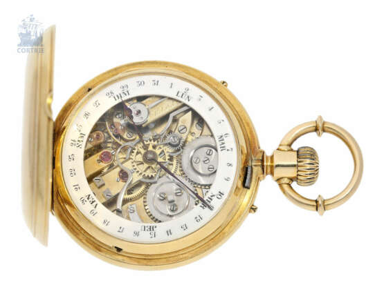 Taschenuhr: seltenes Schweizer Ankerchronometer mit verstecktem rückseitigen Kalender, 18K Gold, ca. 1880 - photo 4