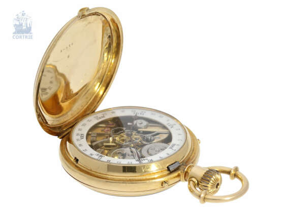 Taschenuhr: seltenes Schweizer Ankerchronometer mit verstecktem rückseitigen Kalender, 18K Gold, ca. 1880 - photo 5