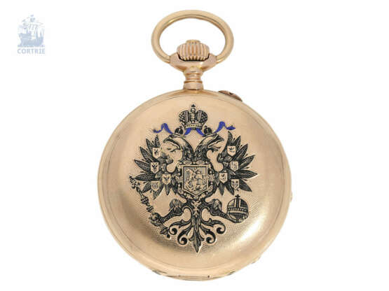 Taschenuhr: historisch interessante Gold/Emaille-Rotgold-Savonnette, vermutlich Präsentuhr der Kaiserin Maria Feodorowna 1895, Pavel Buhre No.22573 - Foto 1