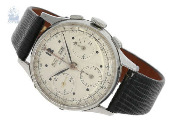 Armbanduhr: sehr seltener vintage Edelstahl-Chronograph mit zusätzlichem Vollkalender "Aristo", Valjoux 72C, ca.1950 - Foto 1