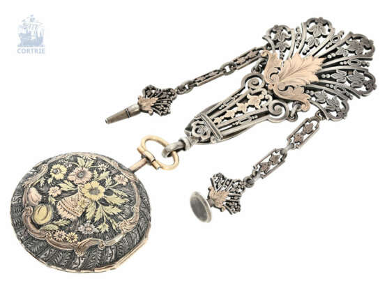 Taschenuhr: äußerst dekorative Prunk-Spindeluhr mit Chatelaine, 18K Gold und Silber, Ballion Paris, ca.1750 - photo 1