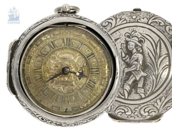 Taschenuhr: seltene, frühe Augsburger Doppelgehäuse-Spindeluhr mit figürlichem Außengehäuse, Johann Khornmann, ca.1690 - photo 1