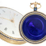 Taschenuhr: exquisite, große und hochfeine Gold/Emaille-Taschenuhr mit Perlenbesatz "Royal Blue", Werk mit Kommahemmung und Zentralsekunde, zugeschrieben Jaquet Droz, für den chinesischen Markt, ca.1790 - photo 1
