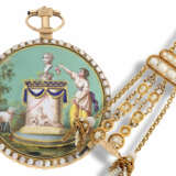Taschenuhr: museale, große und hochfeine Gold/Emaille-Spindeluhr mit Orientperlenbesatz, originaler Gold-Chatelaine und Originalbox, Guex à Paris, circa 1780 - Foto 1