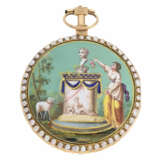 Taschenuhr: museale, große und hochfeine Gold/Emaille-Spindeluhr mit Orientperlenbesatz, originaler Gold-Chatelaine und Originalbox, Guex à Paris, circa 1780 - Foto 2