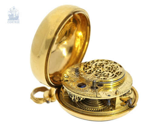 Taschenuhr: museale, englische Gold/Emaille-Doppelgehäuse-Spindeluhr von herausragender Qualität, Robert Stroud London No. 2380, ca.1762 - Foto 5