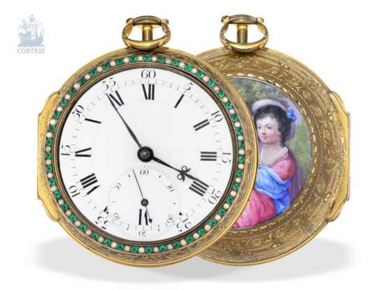 Taschenuhr/Karossenuhr: museale, außergewöhnlich große Emailleuhr mit Perlenbesatz, gefertigt für den chinesischen Markt, Uhrmacher des Kaisers von China Qianlong, Timothy Williamson London, um 1780 - Foto 2