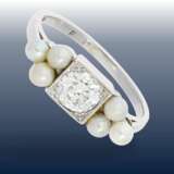 Ring: feiner antiker Goldschmiedering mit Altschliffdiamant und feinen Perlen, ca. 0,5ct - Foto 1