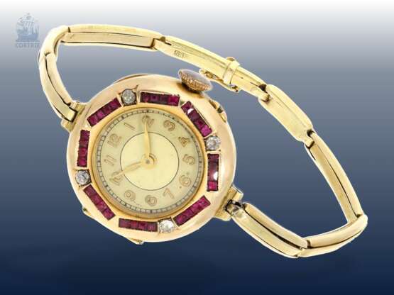 Armbanduhr: goldene, ausgefallene und seltene Art déco Damen-Armbanduhr mit Diamant- und Rubinbesatz - photo 1