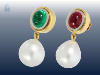 Ohrschmuck: äußerst hochwertige Goldschmiedearbeit mit Perlen sowie feinem Smaragd und Rubin