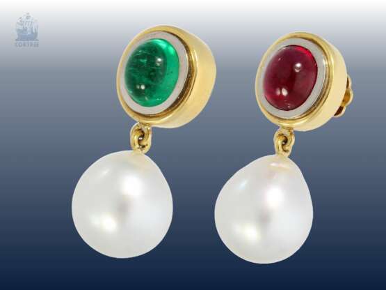 Ohrschmuck: äußerst hochwertige Goldschmiedearbeit mit Perlen sowie feinem Smaragd und Rubin - фото 1