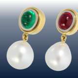 Ohrschmuck: äußerst hochwertige Goldschmiedearbeit mit Perlen sowie feinem Smaragd und Rubin - photo 1