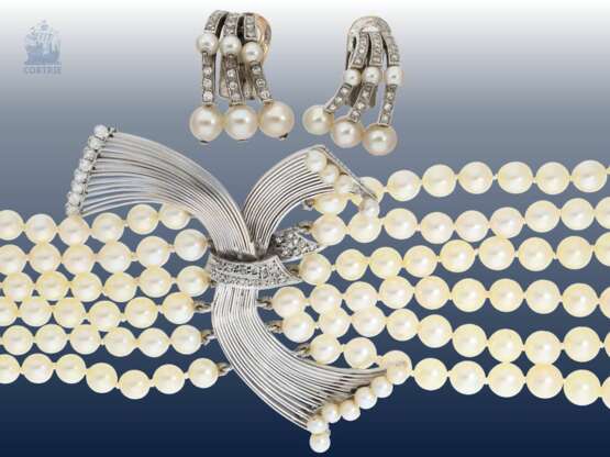 Kette/Collier/Ohrschmuck: antikes, 6-reihiges Diamant/Perlencollier mit prunkvollem Zwischenelement sowie Ohrclips, alte Handarbeit aus 18K Weißgold - фото 1