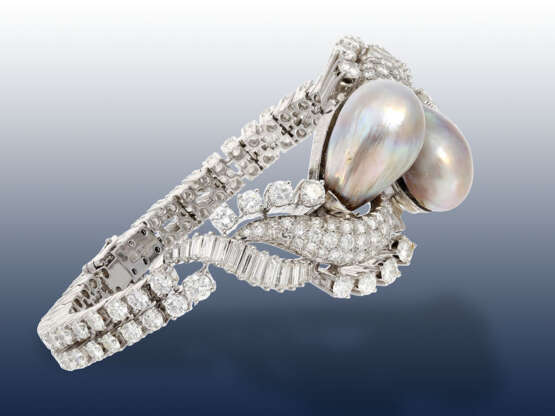 Armband: exklusives, unikates Diamant-Armband mit extrem wertvollen, großen und äußerst seltenen Naturperlen, ca. 11,5ct Diamanten - фото 2