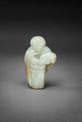 A RARE PALE GREENISH-WHITE AND RUSSET JADE FIGURE OF A TRIBUTE BEARER PRESENTING A JADE BOULDER