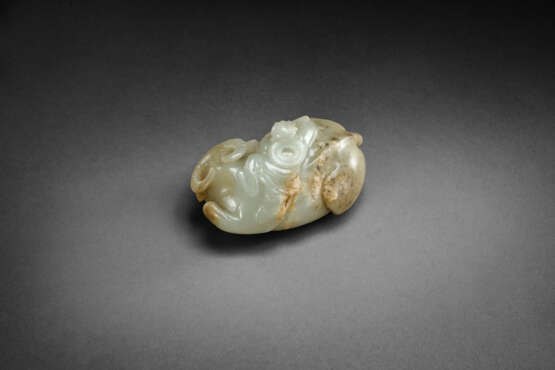 A WELL-CARVED MOTTLED GREEN AND BROWN JADE `BUFFALO AND BOY` GROUP - photo 2