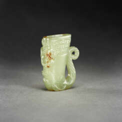 A RARE MINIATURE PALE YELLOWISH-GREEN AND RUSSET JADE RHYTON