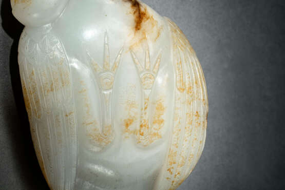 A RARE AND FINELY CARVED PALE GREENISH-WHITE AND RUSSET JADE `BIRD AND PEACH` GROUP - photo 4