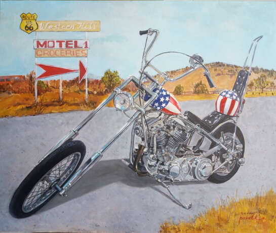 “Harley Davidson Easy Rider” Canvas Acrylic paint Realist Landscape painting 2018 - photo 1