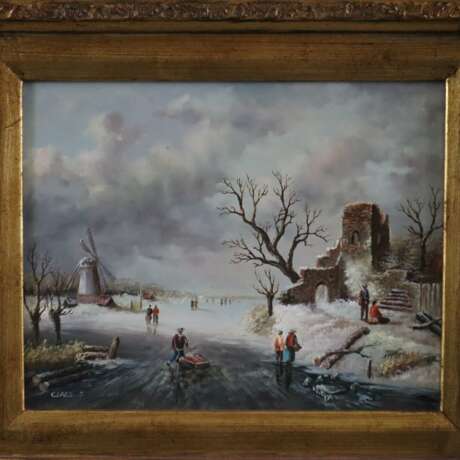Claes, F. (XX) - Zwei zugefrorene Uferlandschaften mit Figurens - Foto 5