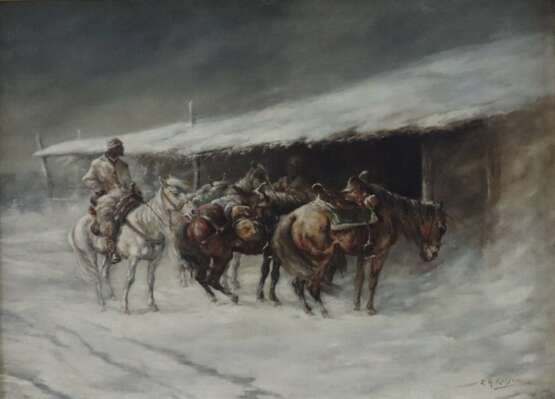 Kaiser, E. A. (19./20. Jh.) - Winterliche Szene mit Pferdestati - photo 3