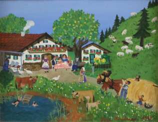 Kreitmeir, Lisa (1935 Oberammergau) - Belebte Dorfszene mit Bau