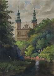 Lahmer (20. Jh.) - Barockkirche am Fluss, Aquarell auf Papier,