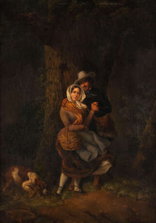 DEUTSCHER MALER tätig um 1849 Begegnung im Wald (1849) Öl - Foto 1