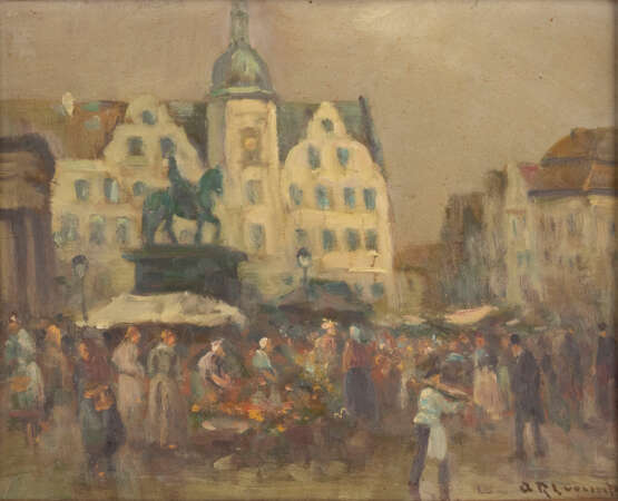 DÜSSELDORFER SCHULE um 1900 Markttag vor dem Rathaus in Dü - photo 1