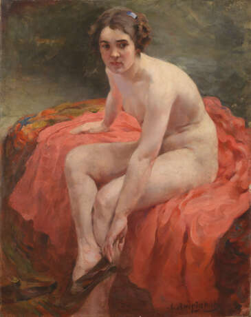 Seated Nude on a Red Drape, signed. - Foto 1