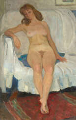 Seated Nude, signed, also further signed, tilted in Cyrillic and dated 1959 on the reverse.