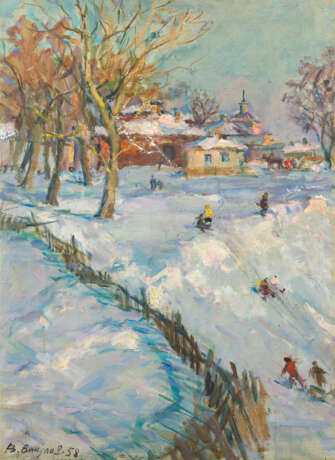 Winter in the Town of Pereslavl-Zalessky, signed, titled in Cyrillic and dated twice, 1958 and “7/II-58 g.”. - photo 1