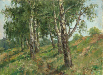 Birch Trees by the Senezh Lake, signed and dated 1968, also further signed, titled in Cyrillic and dated “1968 avgust” on the reverse.