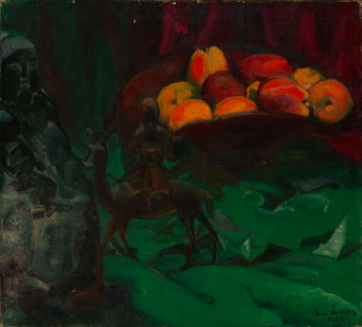Still Life with Apples and a Deer, signed, indistinctly inscribed and dated 1923, also further titled twice, once in Cyrillc, and numbered "25" on the label on the reverse, also further titled and numbered on the label on the stretcher. - photo 1