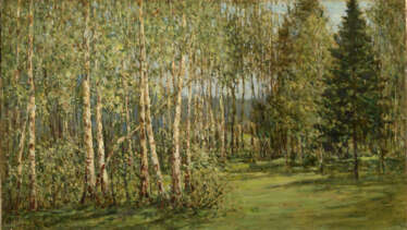 Young Birch Trees, signed, also further signed, titled in Cyrillic, numbered "181" and dated 1952 on the reverse.