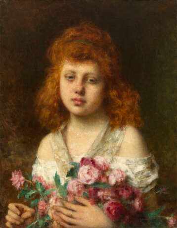 Auburn Haired Girl Holding Red Roses, signed. - photo 1