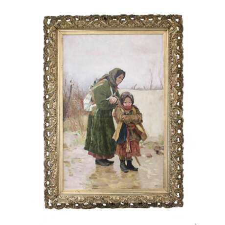 Painting Grandmother with granddaughter. Tvorozhnikov Wood gilt realism 19th century - Foto 1