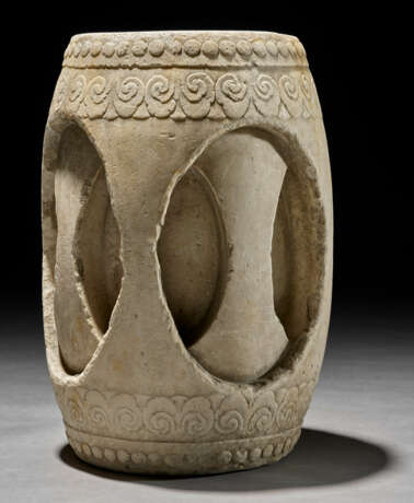 A CARVED WHITE MARBLE BARREL-FORM STOOL - photo 3