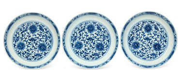 THREE BLUE AND WHITE &#39;LOTUS SCROLL&#39; DISHES